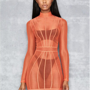 Mistress Rocks Dress Womens Small Orange Mesh Long Sleeve Bodycon Mini NWT sheer